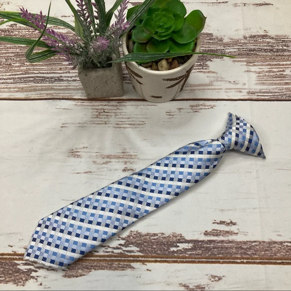 Clip-On Tie Blue & White Stripes with Boxes Sz YSL